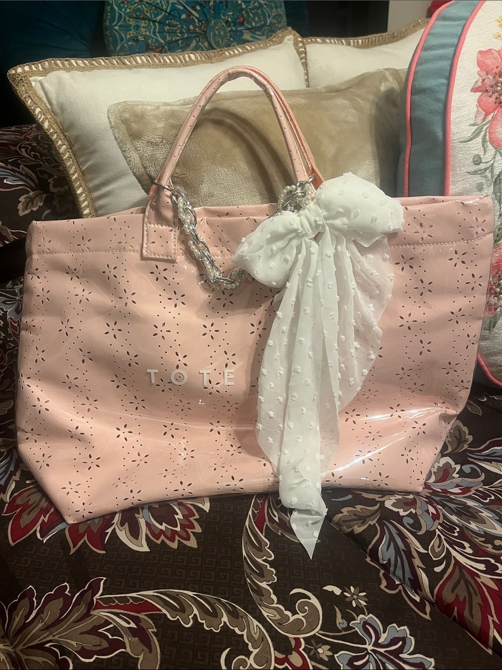 Pink Perforated Tote with Bow Accent